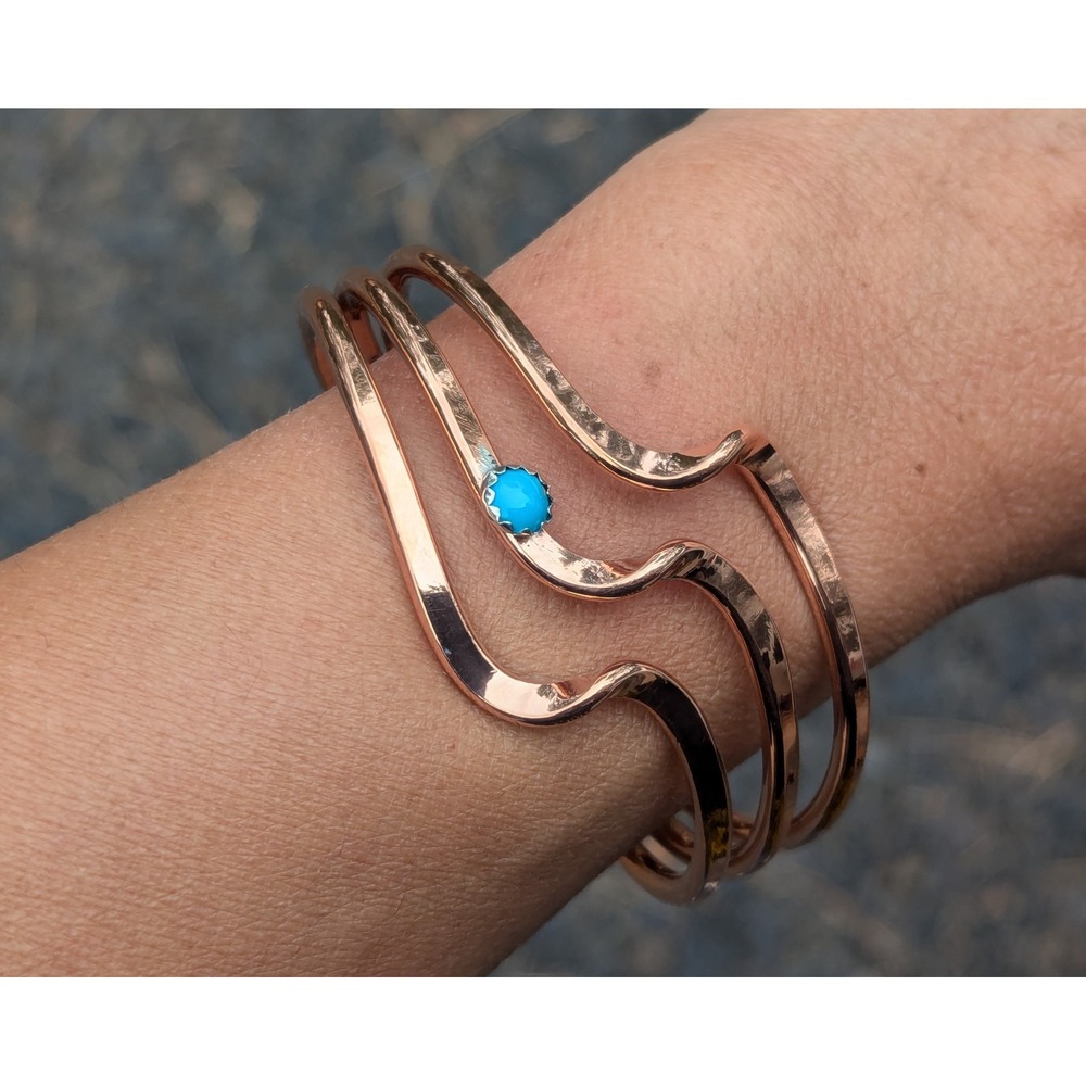 Navajo Split Wavy Band‎ Copper Bracelet Turquoise Accent Jewelry size 6.75in ***
